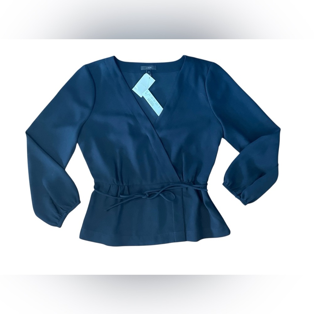 J Crew mock wrap peplum tie blouse black/navy size 10